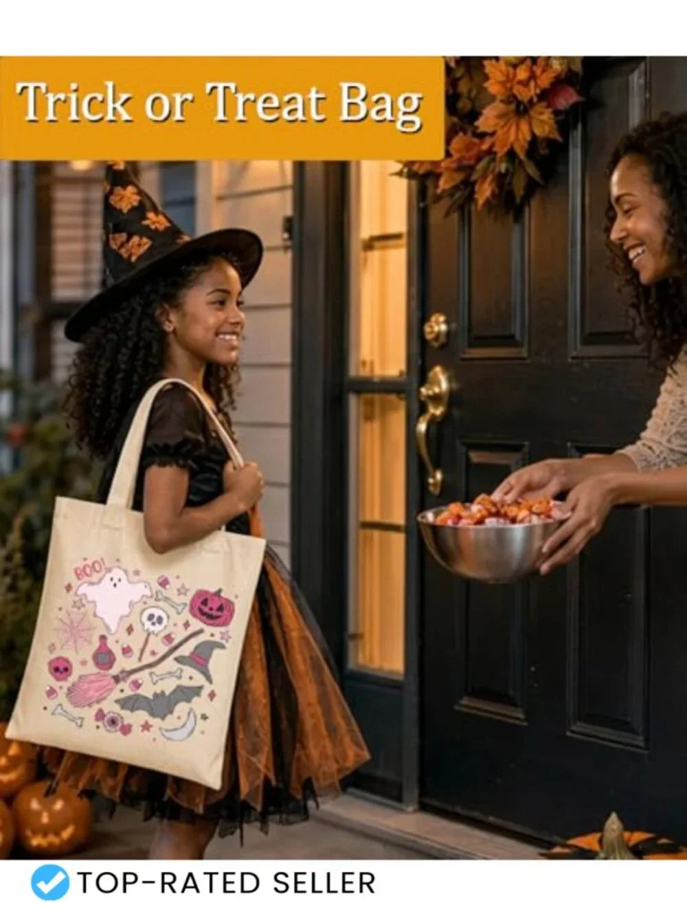 Halloween Ghost Canvas Tote Bag with Zippered Pocket for Women